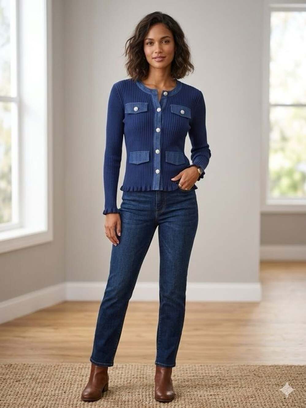 Nancy Yang Ribbed Crewneck Cardigan Sweater in Navy